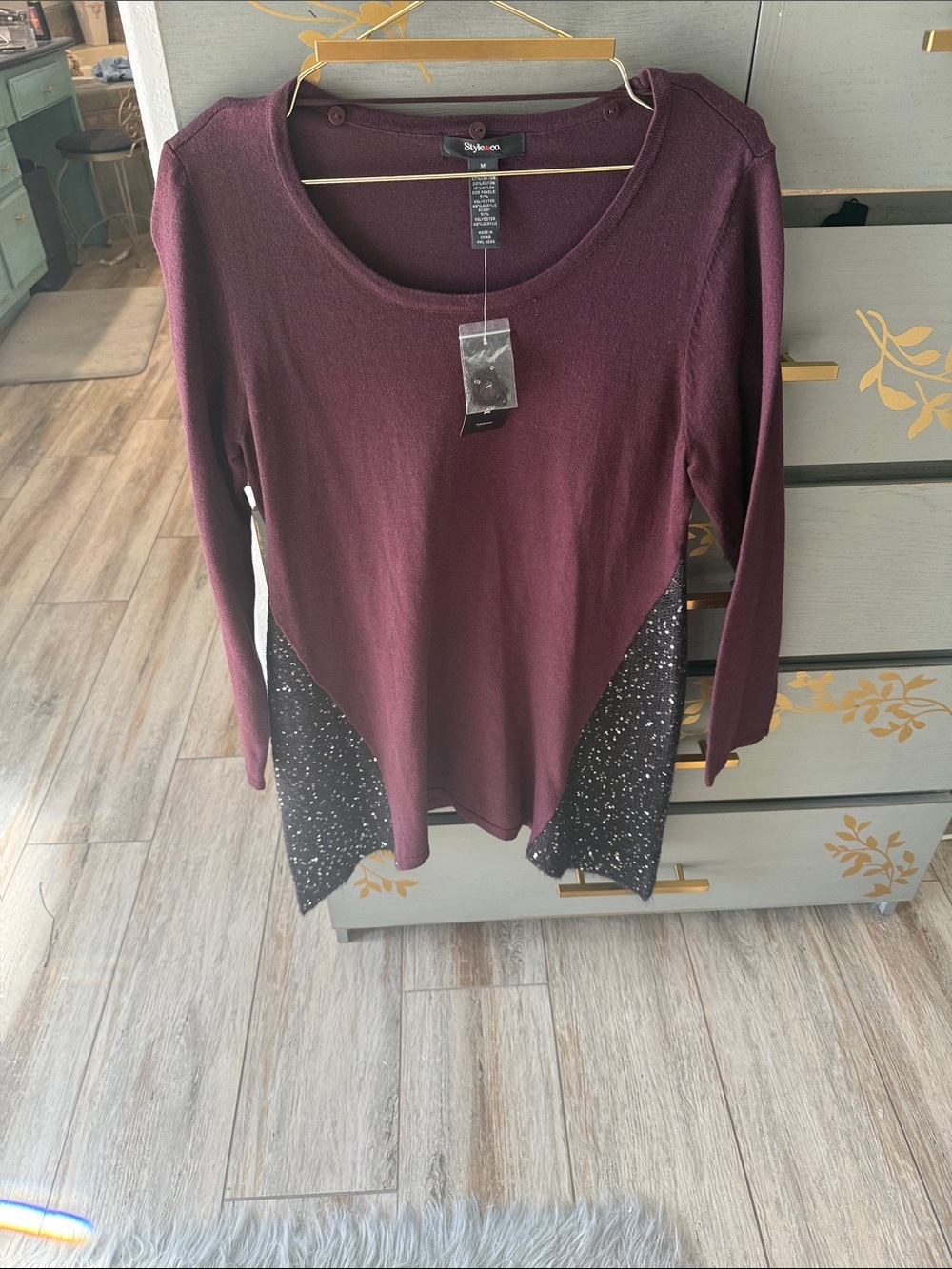 Style & Co. Women's Burgundy Scoop Neck Sweater with Speckled Panels